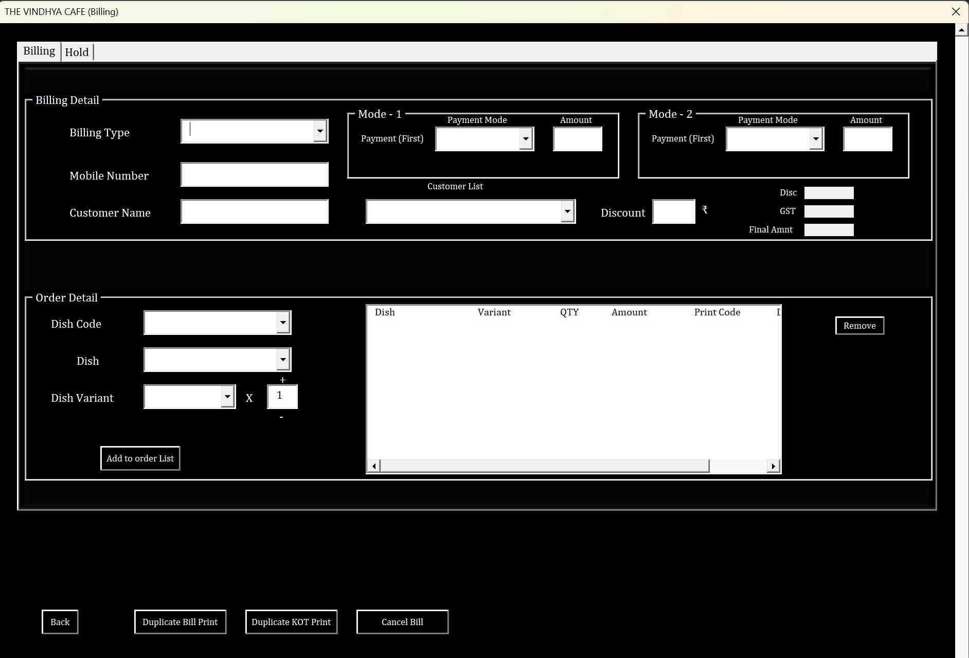 Kitchen Order Ticket Interface